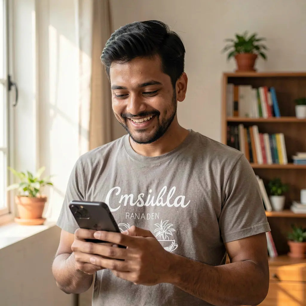 Confident Bangladeshi man smiling while using the XE 66 casino app on his smartphone in a bright and comfortable home setting