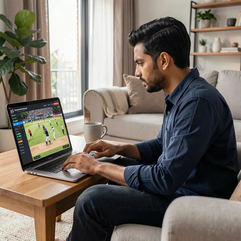 Professional Bangladeshi sports bettor using the XE 66 betting platform on a laptop at home while watching a live cricket match