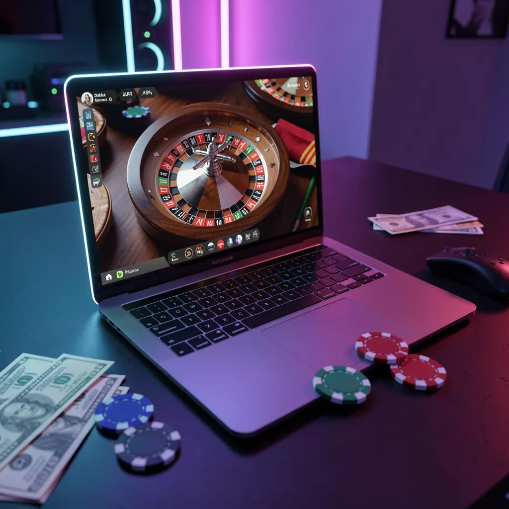 Modern online roulette gameplay on a laptop surrounded by casino chips and notes with dramatic lighting representing the premium XE 66 casino experience for players in Bangladesh