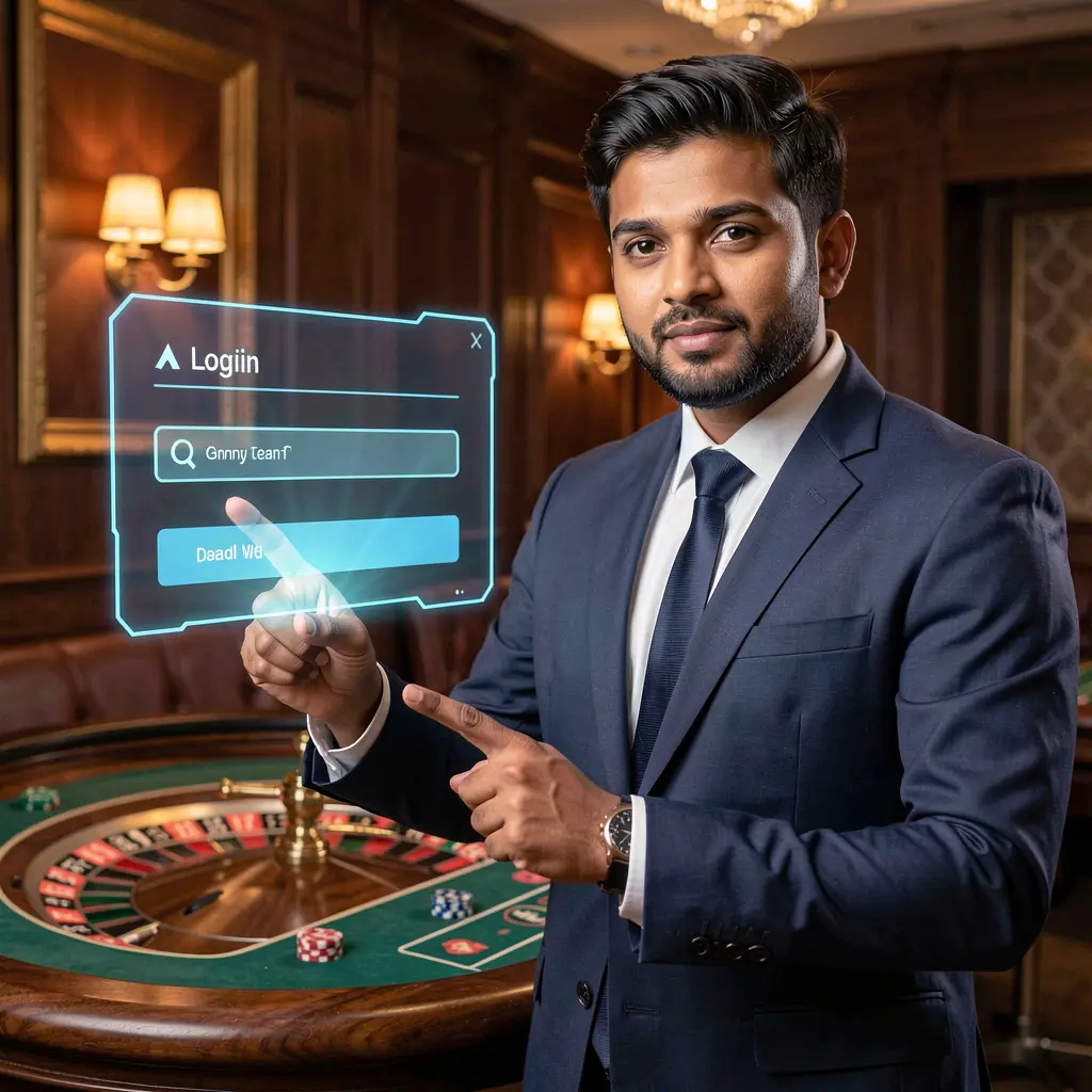 Modern casino dealer pointing at a glowing holographic login panel with a roulette table in the background representing secure access at XE 66 in Bangladesh
