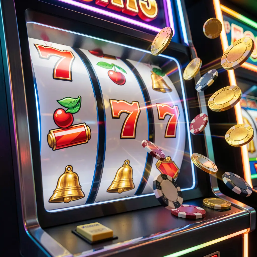 Classic red and gold slot machine showing triple sevens with scattered coins representing high payout slots at XE 66 casino